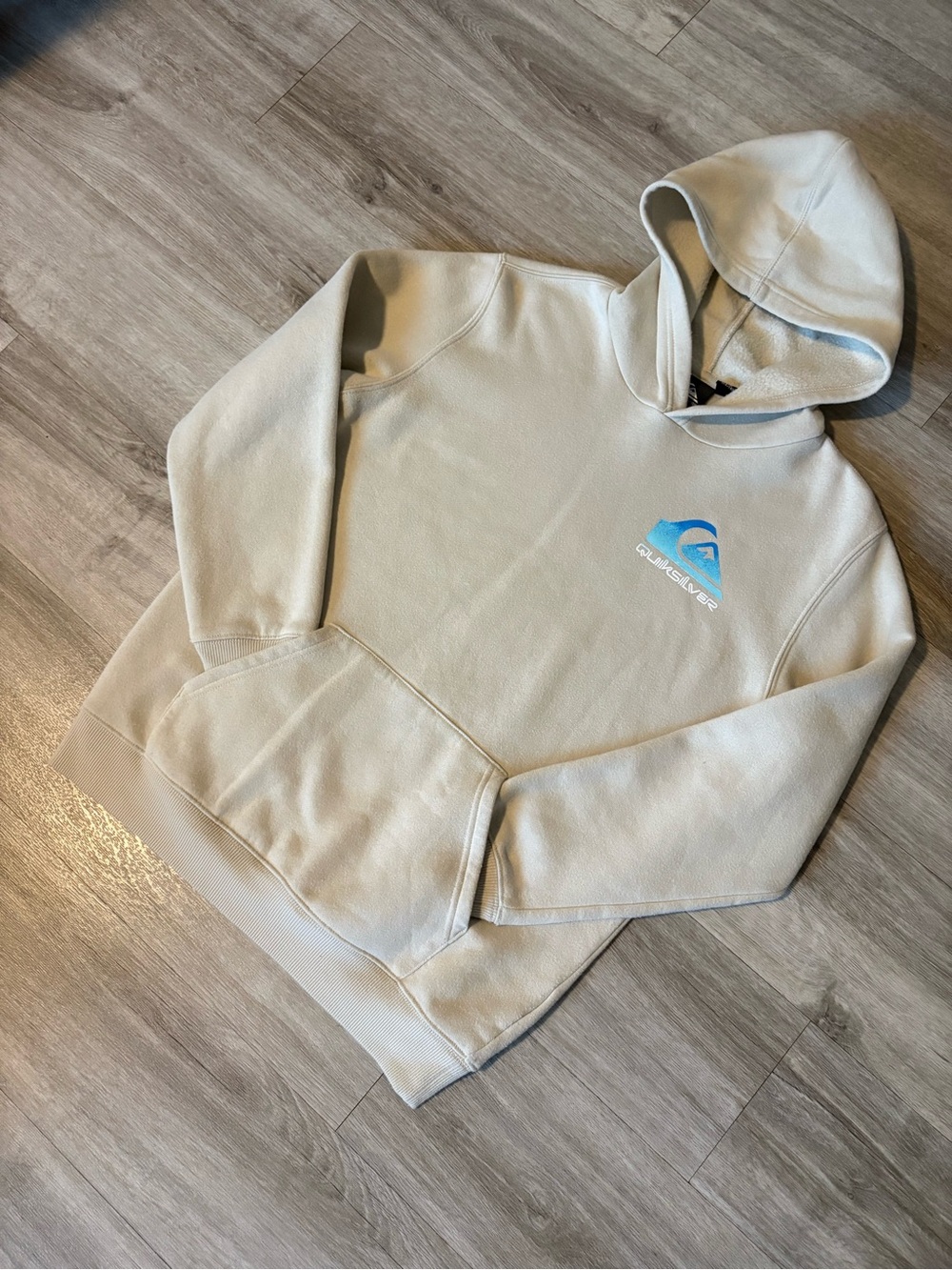 Quiksilver Men's Cream Pullover Hoodie with Blue Logo